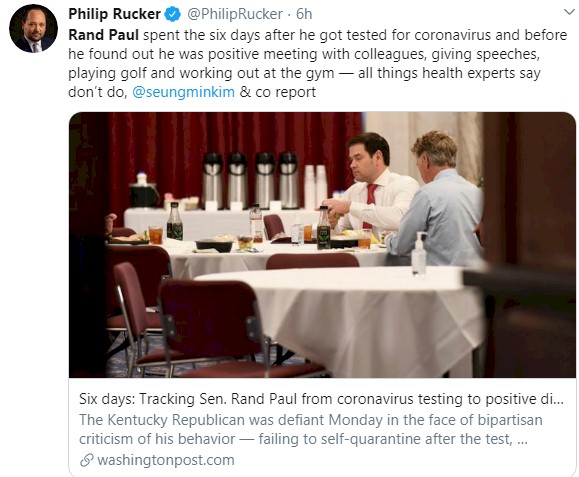 Rand Paul在等待測試結果期間與共和黨參議員一起吃飯